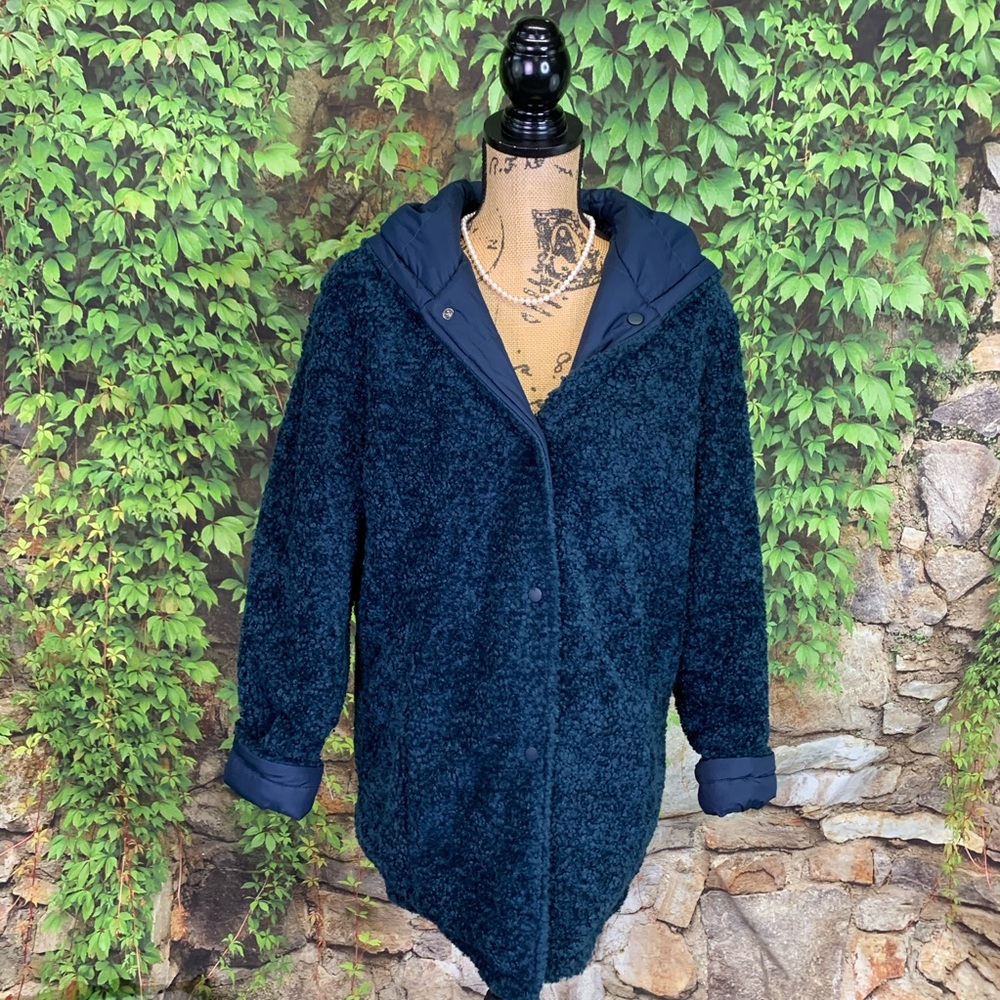 NWT HALOGEN Blue Hooded Sherpa Style Reversible Coat, S - Picture 5 of 16